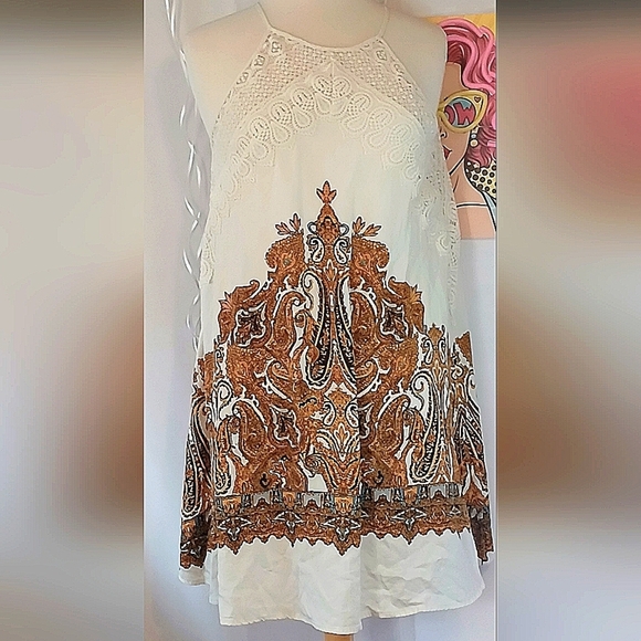 Bohemian White and Brown Halter Dress Med - Picture 1 of 5